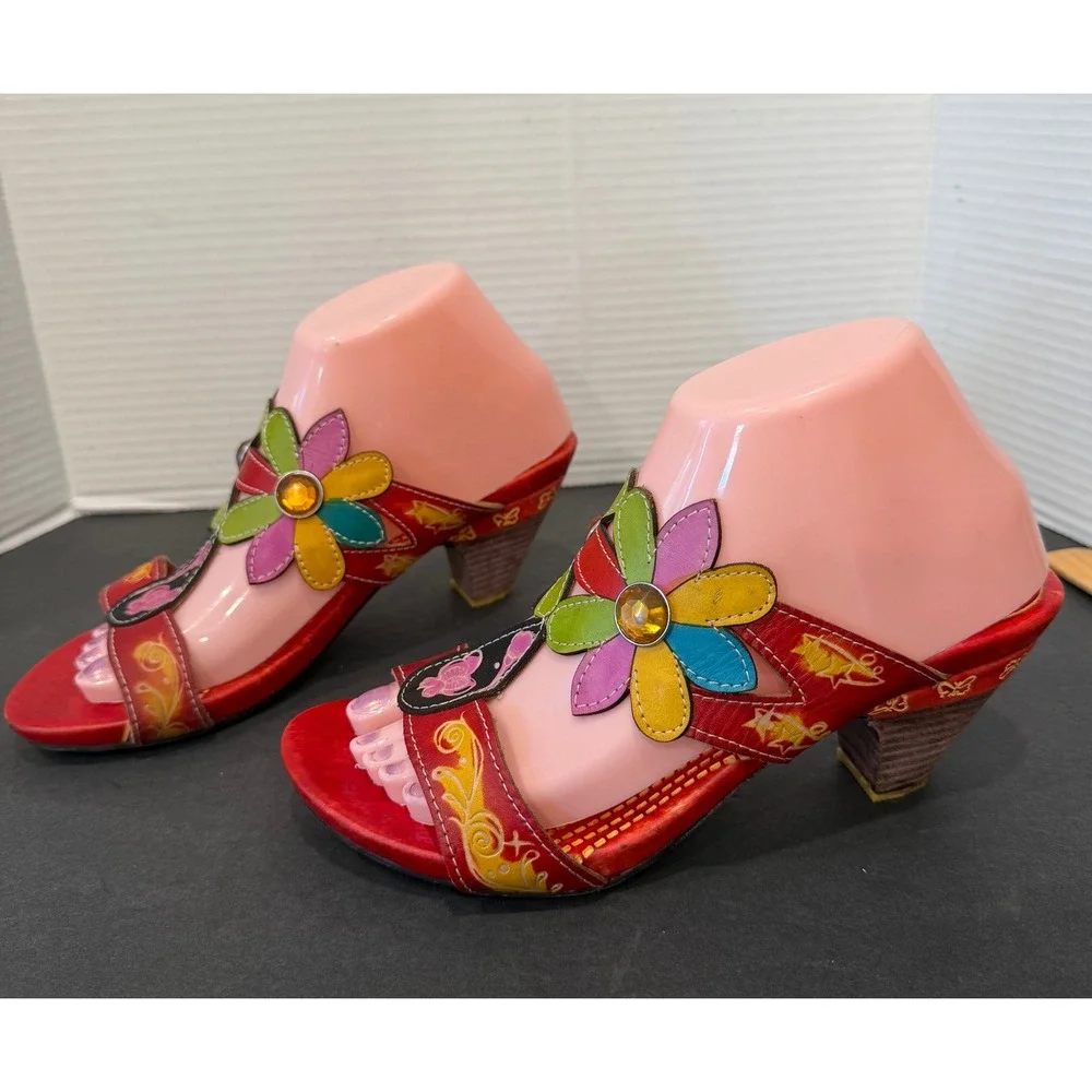 Spring Step Papaya Red Leather Slip On Hand‎ Painted Floral Low Heel Sandals 8.5